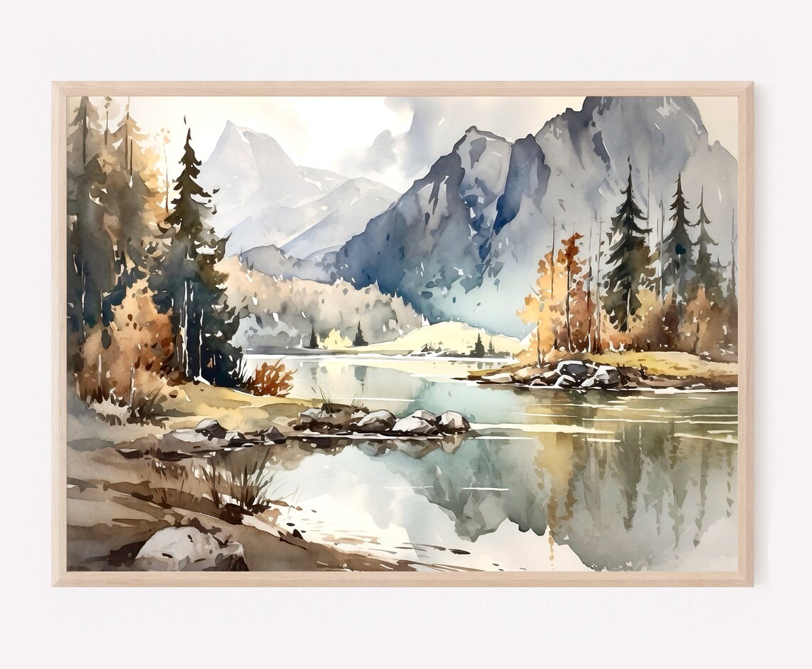 Mountain Lake Watercolor Landscape, Modern Wall Art Print