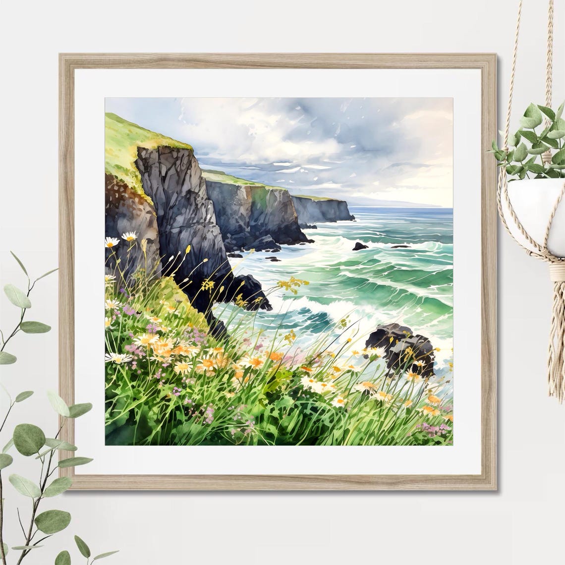 Sea Cliffs Wildflower Meadow Ocean Waves Watercolor Art Poster - Image 2