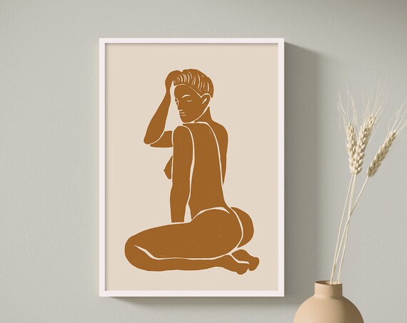 Seated Woman Silhouette Terracotta Woodcut Style Feminine Art Poster