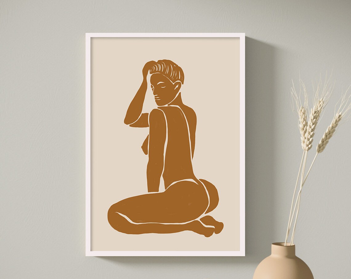 Seated Woman Silhouette Terracotta Woodcut Style Feminine Art Poster