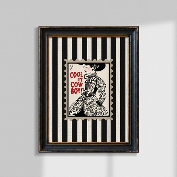 Striped Western Postage Stamp Art Cool It Cowboy Print Vintage Rodeo Bedroom Poster Neutral Ranch Wall Decor Moody Coquette Cowgirl Style