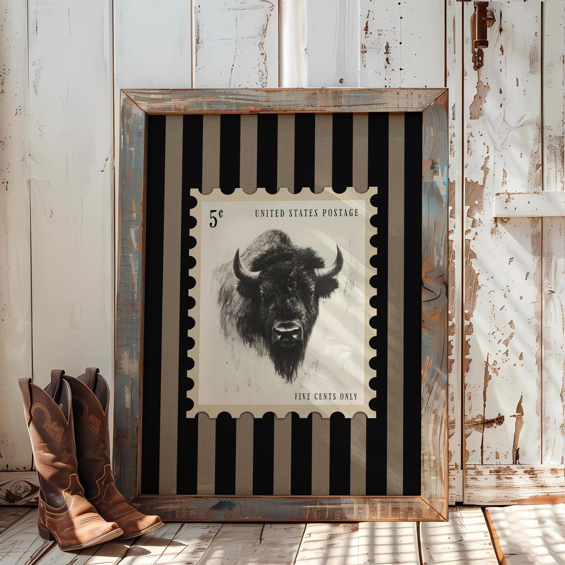 American Bison Postage Stamp Black Tan Striped Western Poster