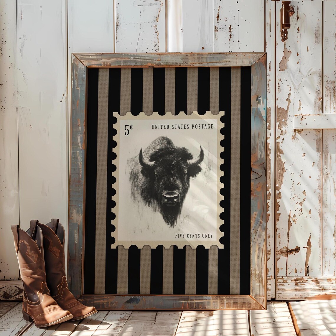 Bison Stamp Sketch Rustic Americana Decor Bookish Cowboy Office Wall Art Black Tan Library Gallery Dark Western Study Print