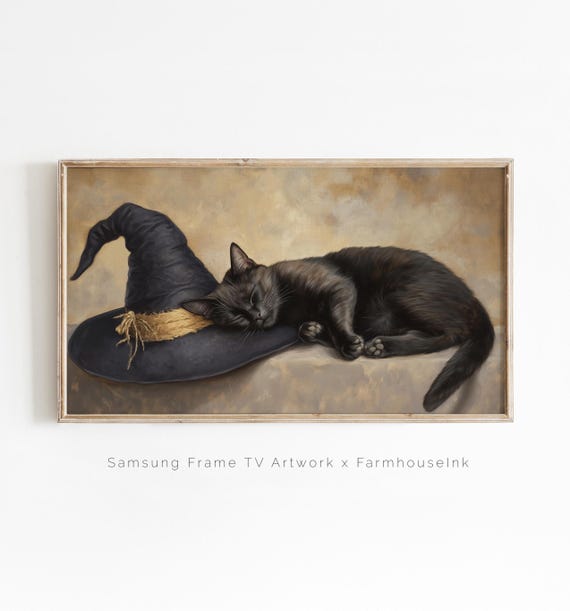 Samsung Frame Tv Art Black Cat Witch Hat Painting Neutral Western Halloween Decoration Cozy Fall Frametv Background Autumn