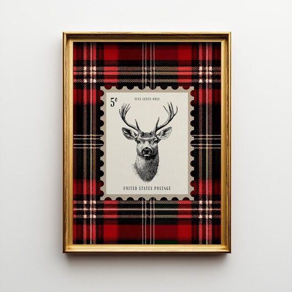 Deer Stag Postage Stamp Red Tartan Plaid Western Christmas Poster