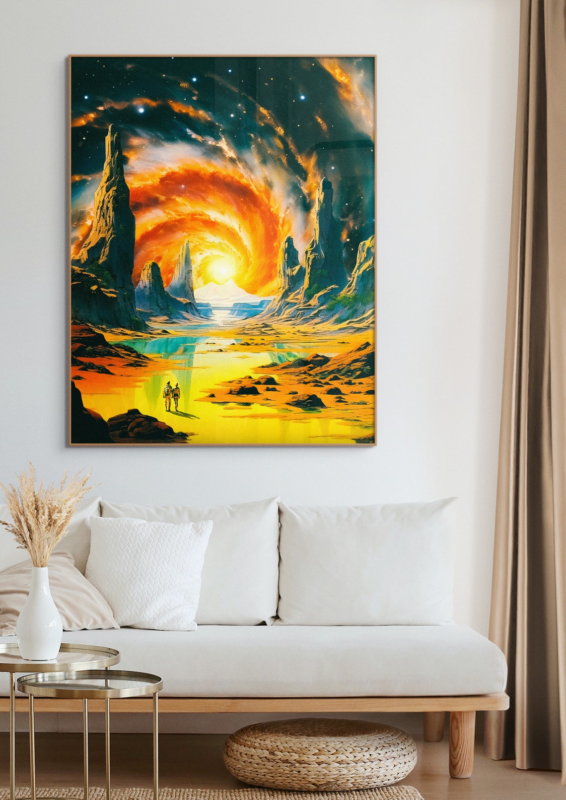 Two Astronauts on Alien World Under Swirling Orange Vortex Sky Poster - Image 3