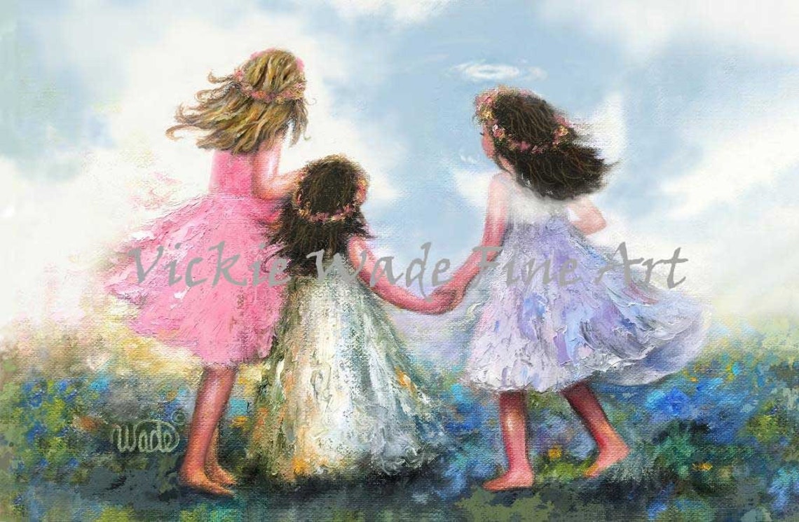 Three Little Sisters Dancing Together in a Flower Field Poster
