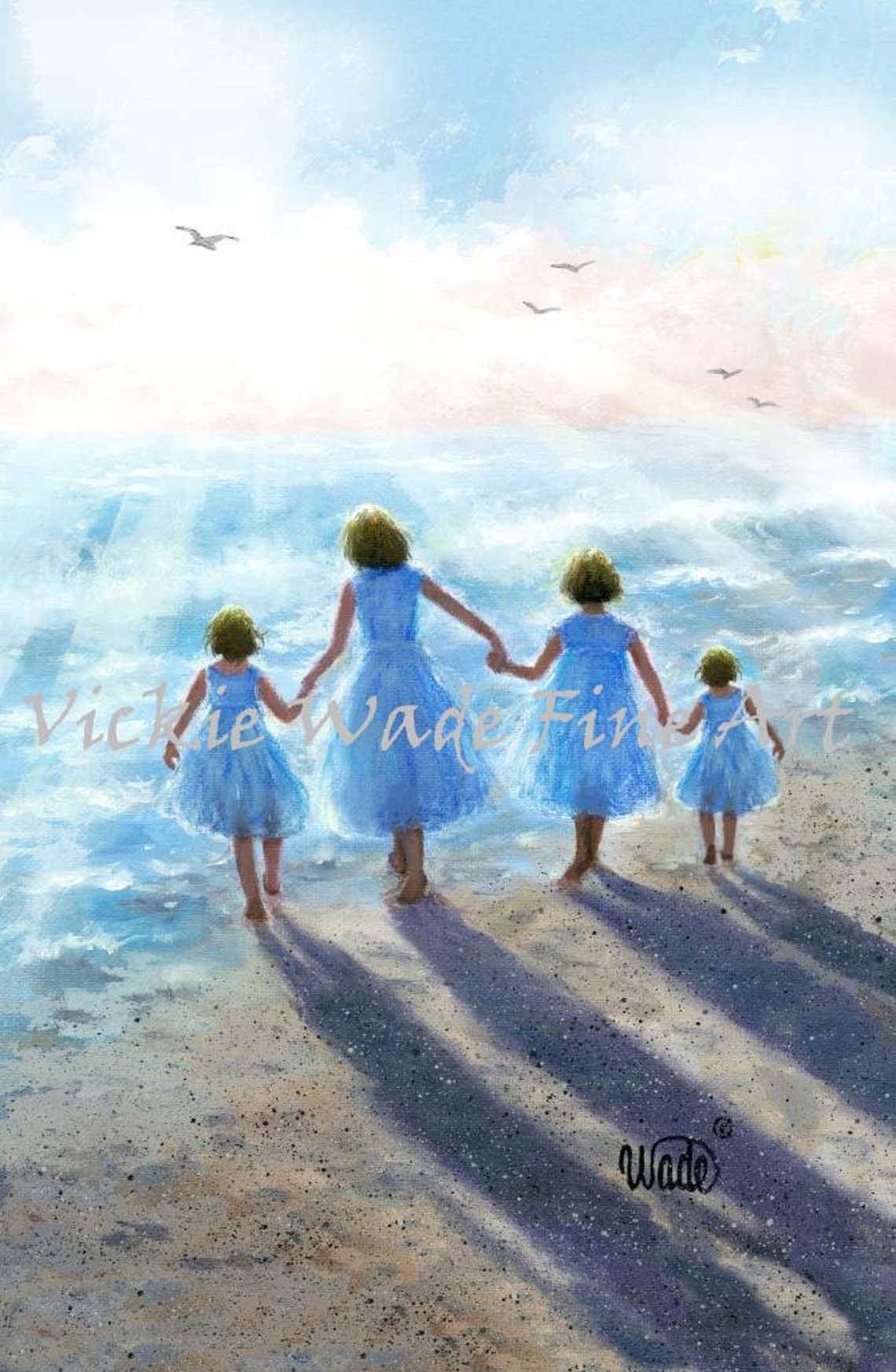 Four Girls in Blue Dresses Holding Hands at the Beach Poster