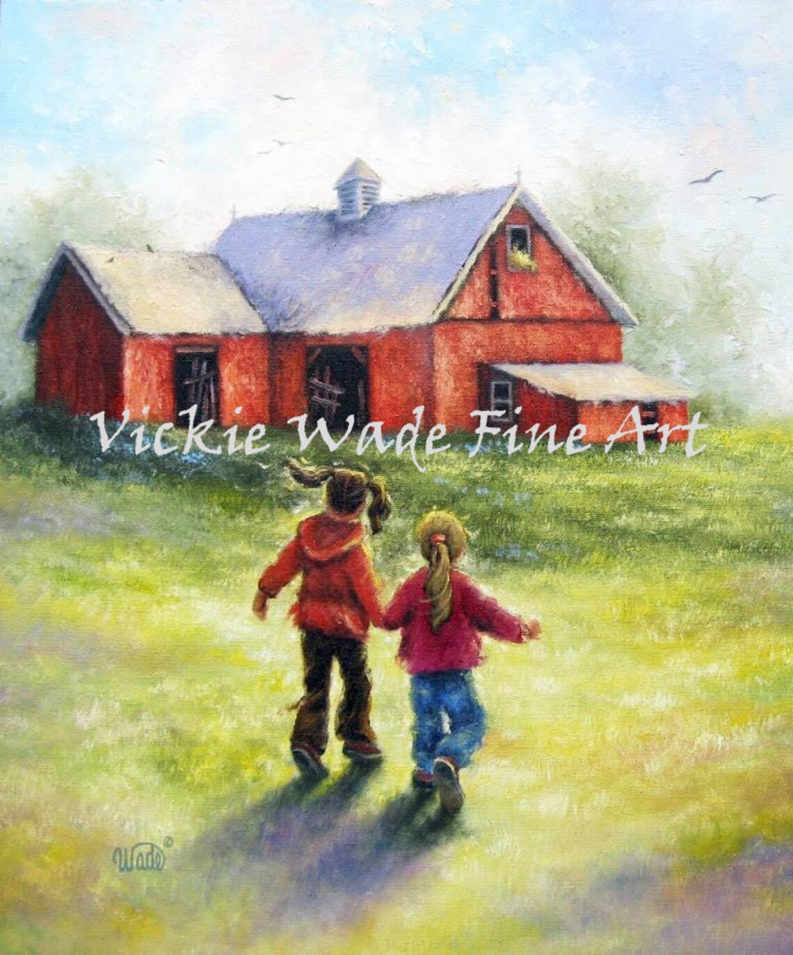Two Little Girls Running Toward Red Barn In Green Pasture Poster
