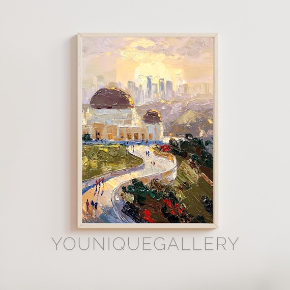 Griffith Observatory Los Angeles Sunset Skyline Impasto Oil Poster