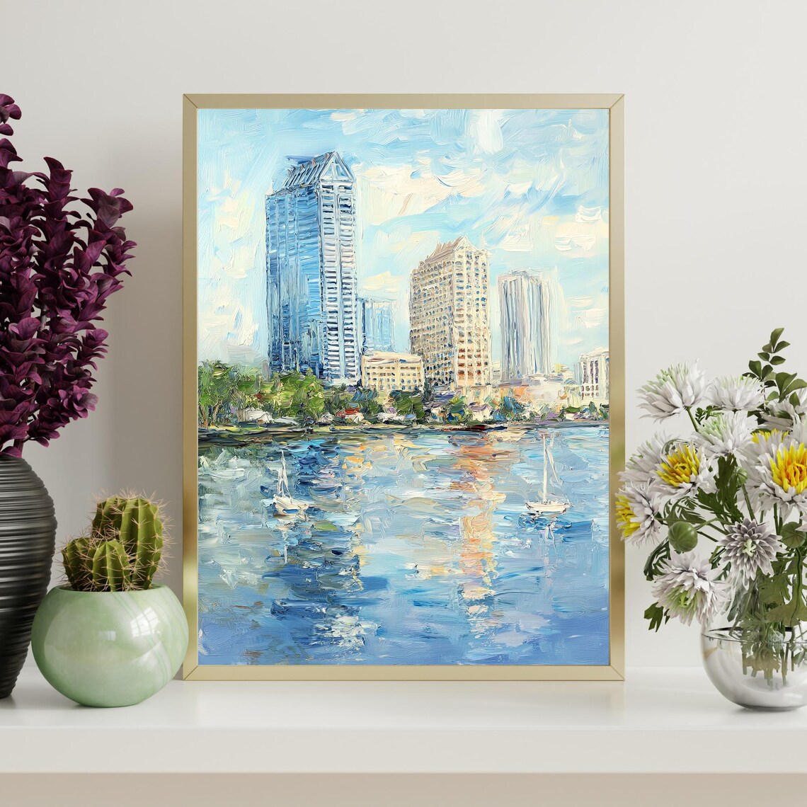 City Waterfront Skyline Sailboats Impressionist Oil Painting Print - Image 4