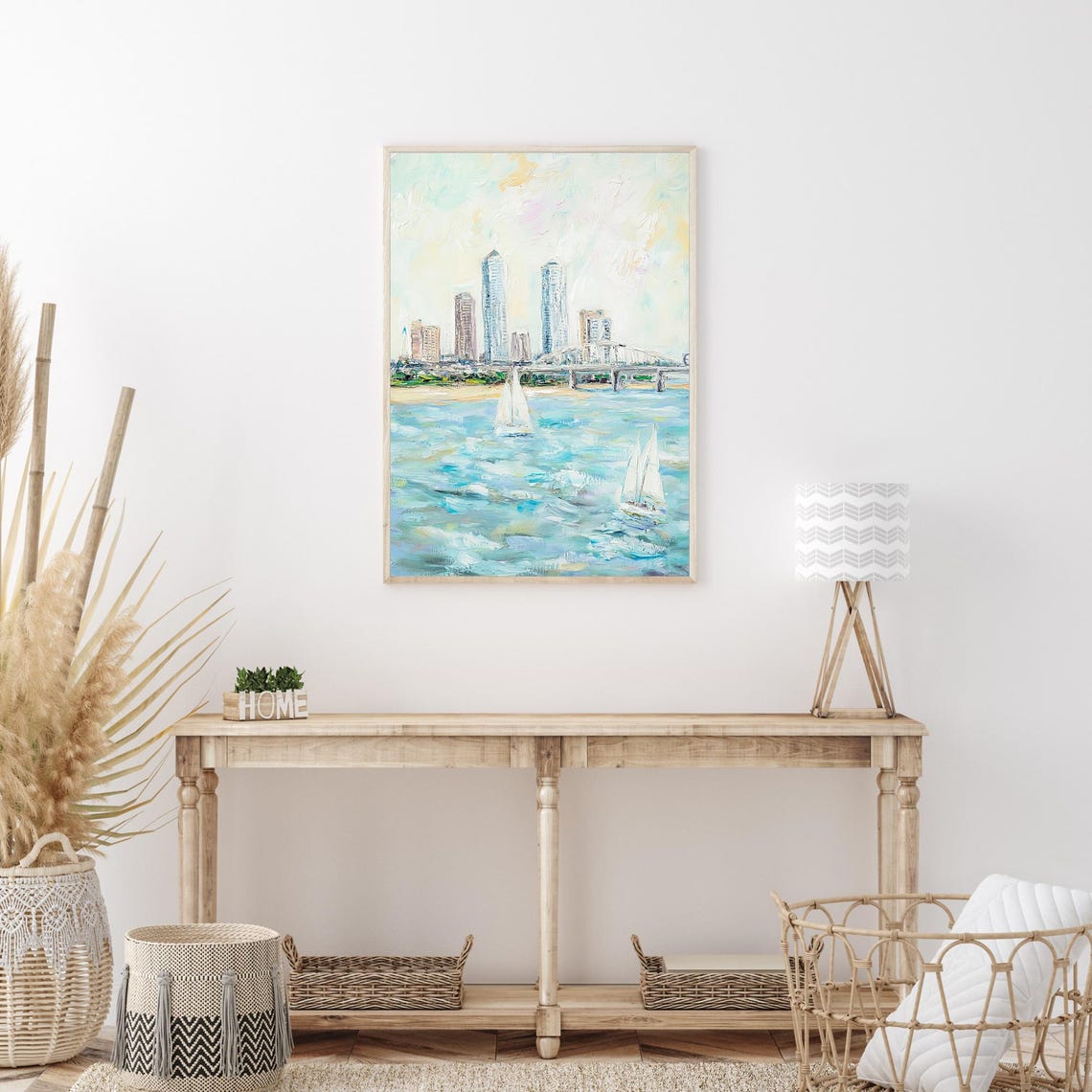 River Skyline Sailboats Impressionist City Waterfront Oil Wall Art - Image 3