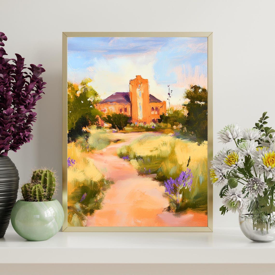 Historic Brick Schoolhouse Impressionist Meadow Path Oil Wall Art - Image 4