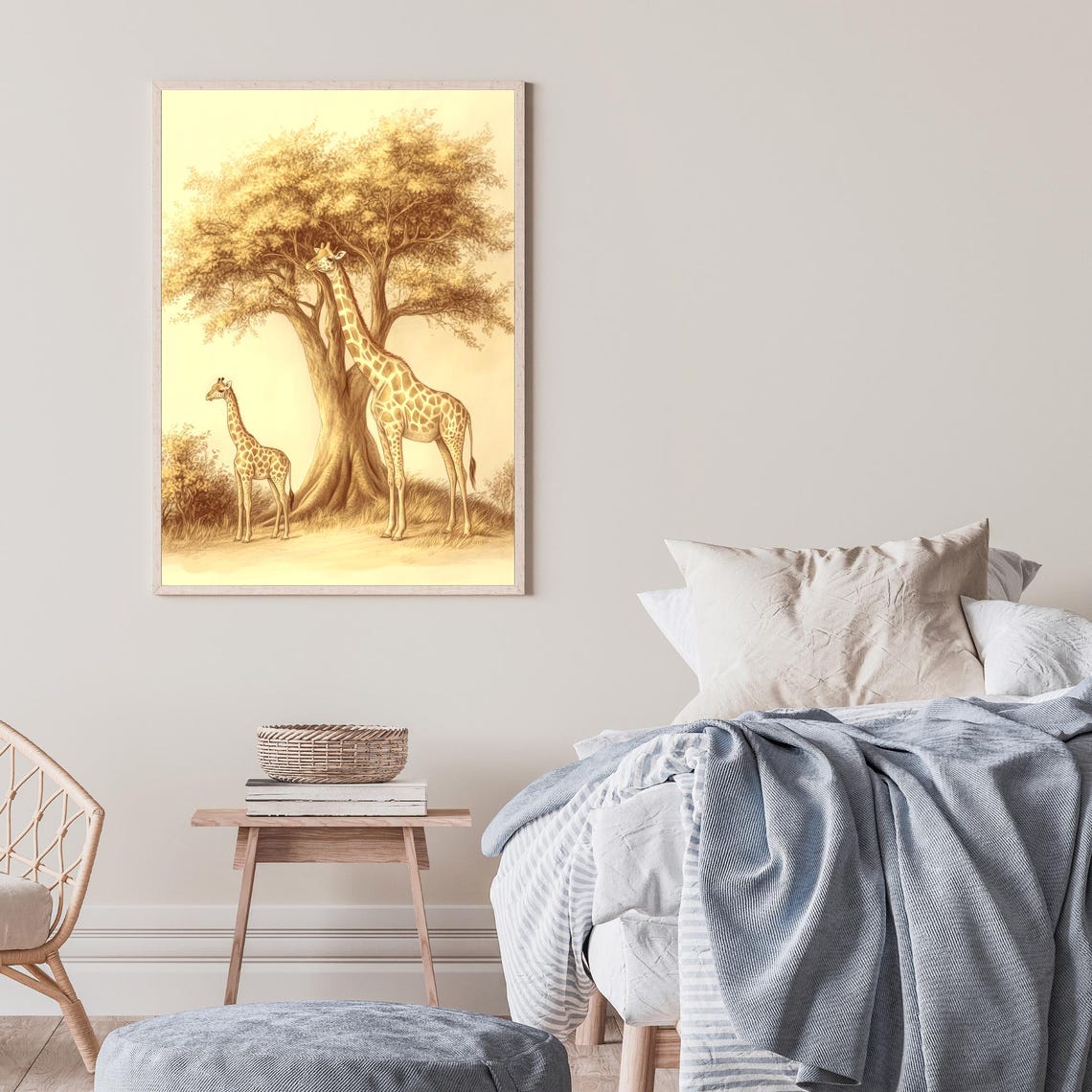 Giraffe Pair Under Acacia Tree Sepia Sketch Safari Animal Wall Art - Image 2