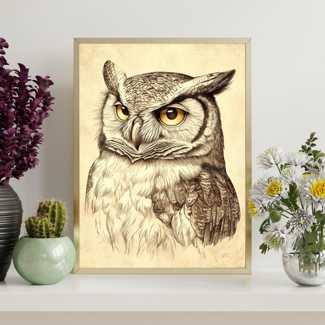 Great Horned Owl Portrait Sepia Sketch Piercing Eyes Bird Wall Art - Image 4