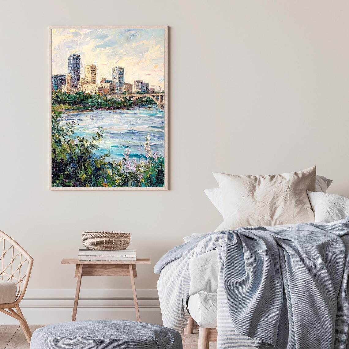 City Bridge River Sunset Reflections Impressionist Oil Painting Wall Art - Image 2