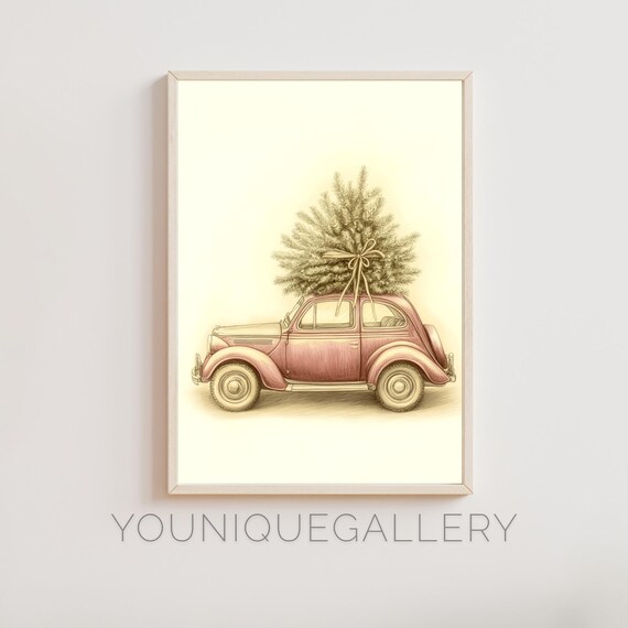 Vintage Red Volkswagen Beetle Carrying Christmas Tree Art Poster