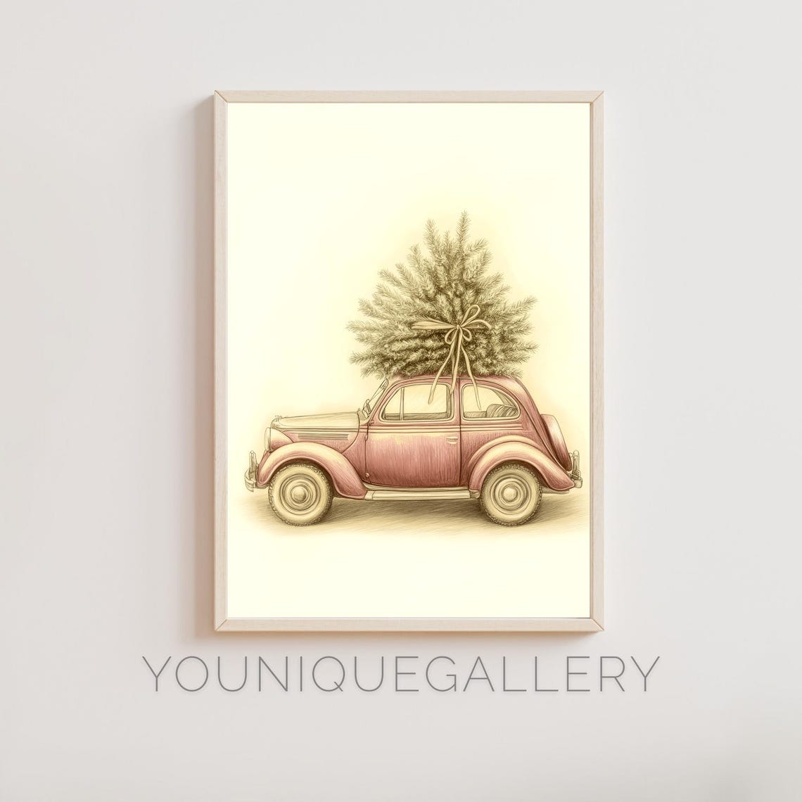 Vintage Red Volkswagen Beetle Carrying Christmas Tree Art Poster