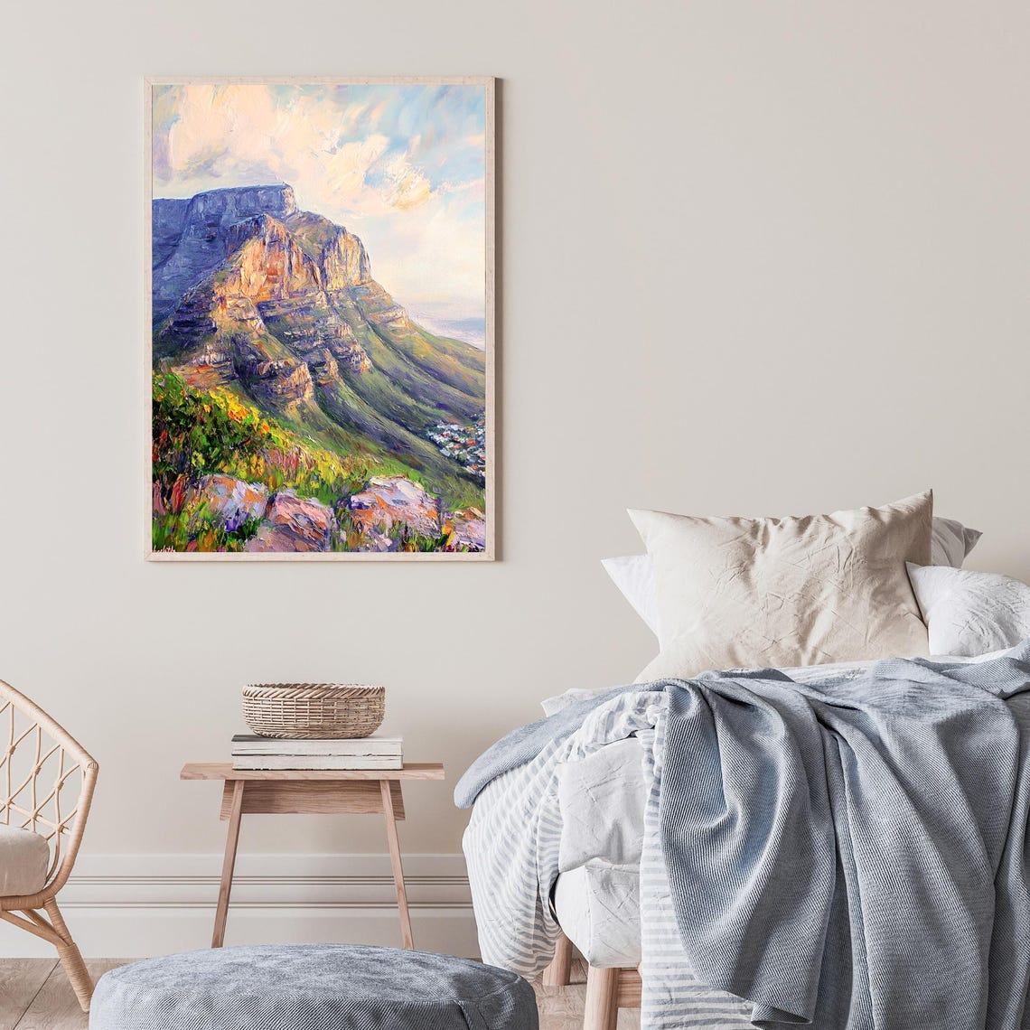 Table Mountain Cape Town Green Cliffs Sunset Glow Oil Painting Poster - Image 2