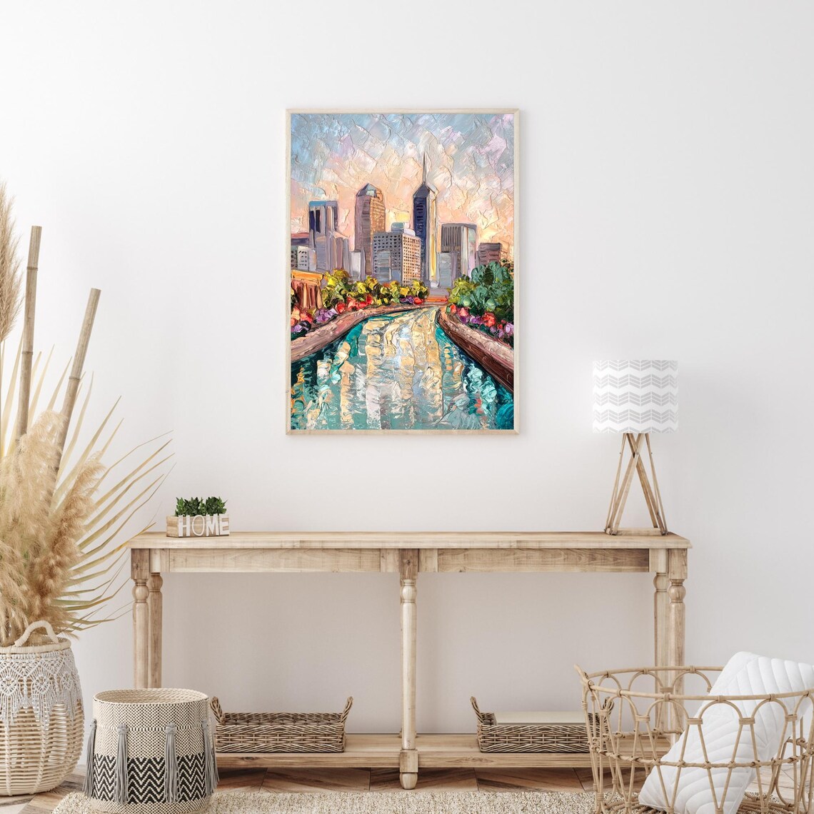 Indianapolis Canal Skyline Sunset Reflection Oil Painting Poster - Image 3