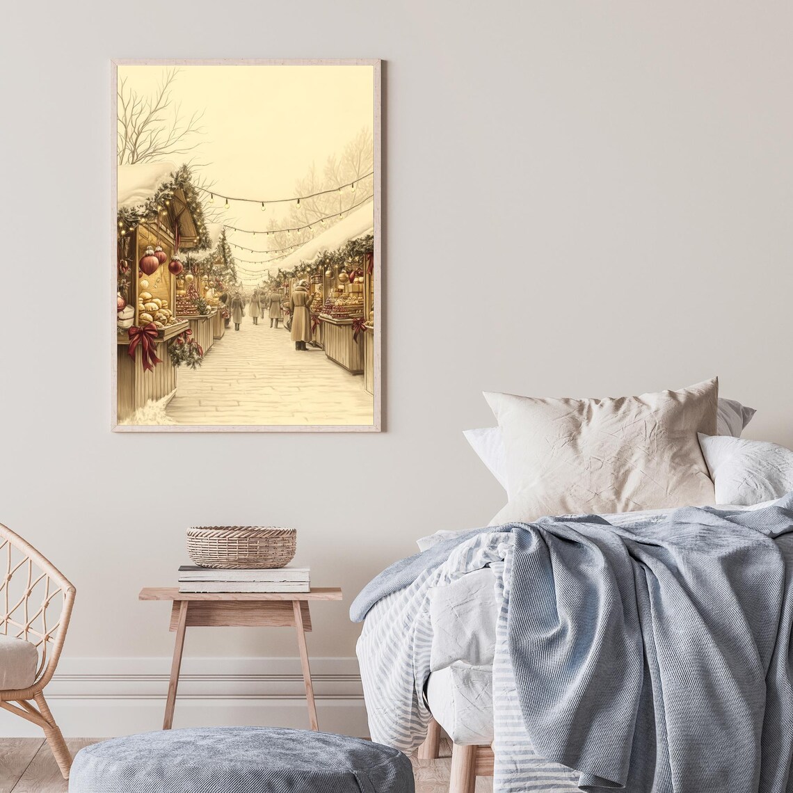 Vintage Christmas Market Wooden Stalls Festive Street Art Poster - Image 2