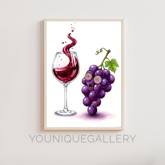 Funny Cute Dizzy Grape Watercolor Wine Lover Kitchen Wall Poster