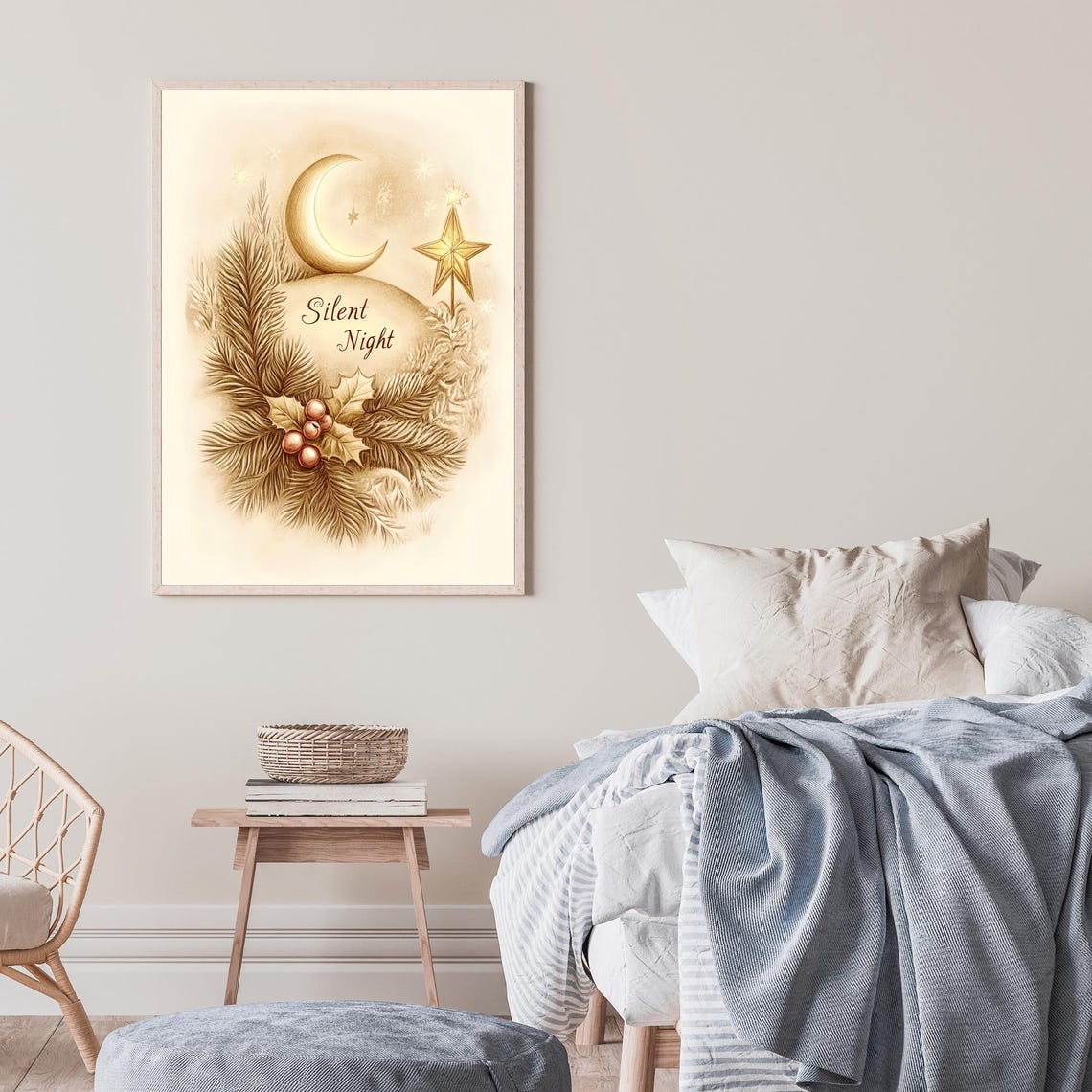 Silent Night Crescent Moon and Gold Star Holiday Wreath Poster - Image 3