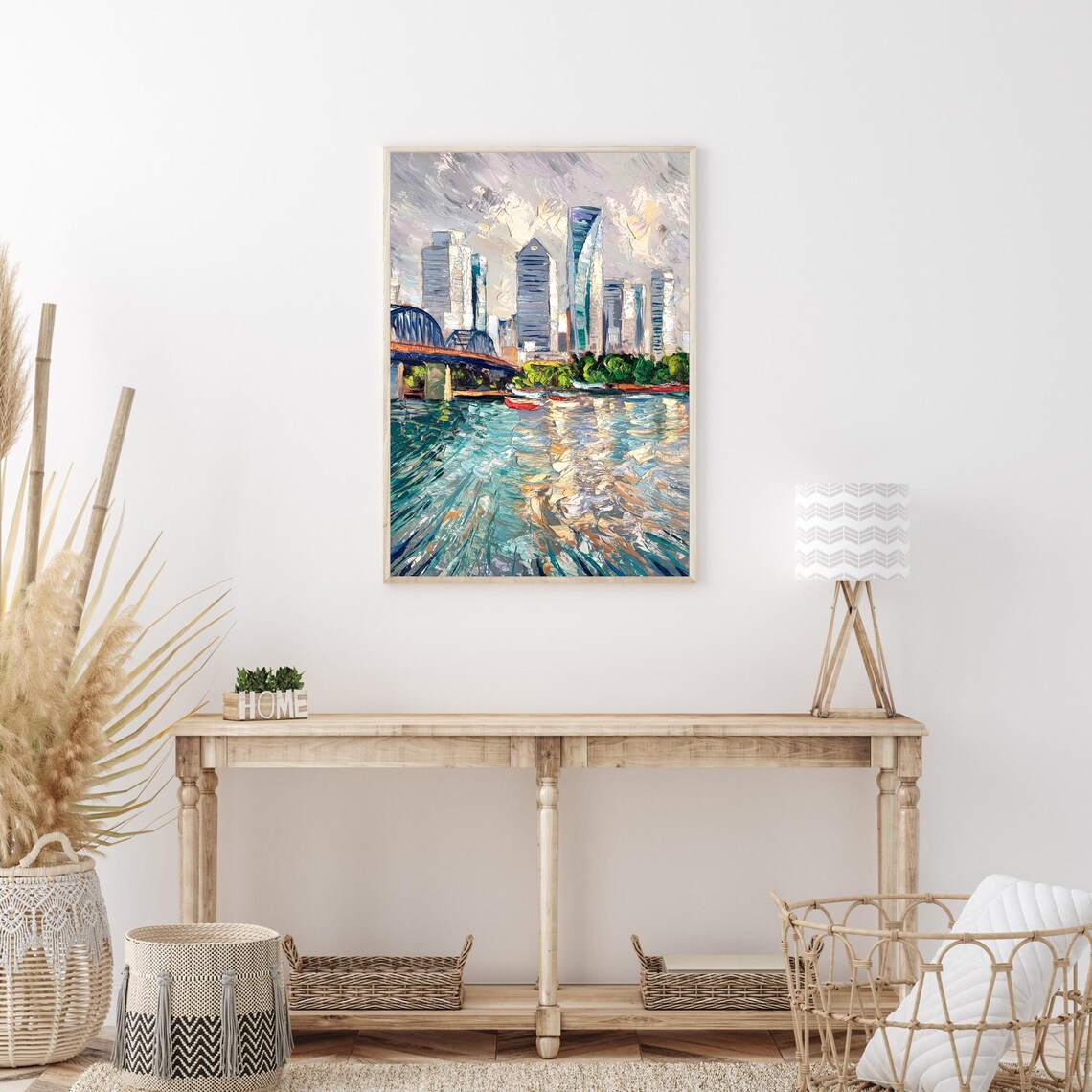 City Bridge River Boats Shimmering Water Impressionist Oil Painting Wall Art - Image 3
