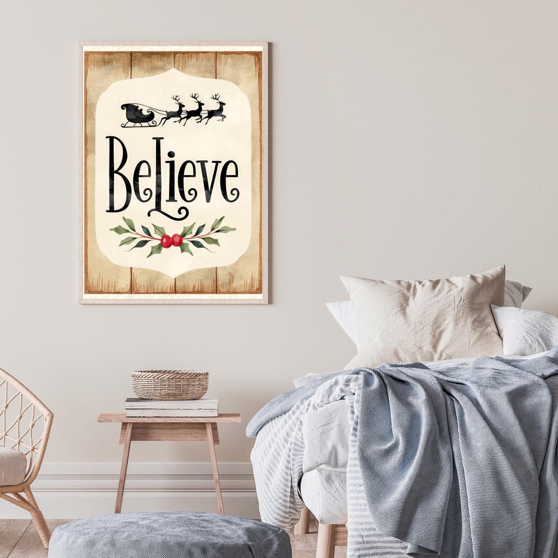 Believe Christmas Sign Santa Sleigh Vintage Holiday Art Poster - Image 3