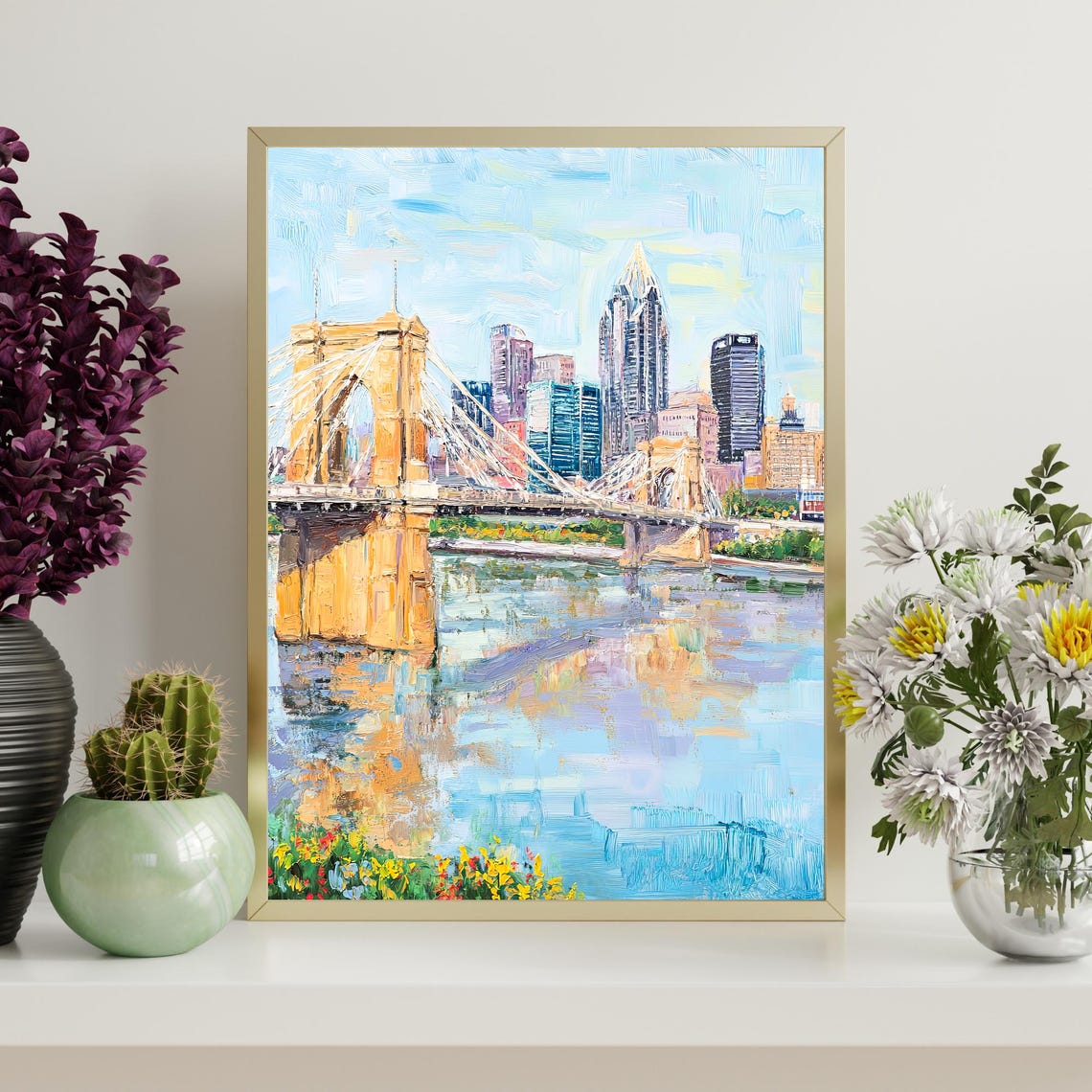 Suspension Bridge Riverfront Skyline Impressionist Oil Wall Art - Image 4