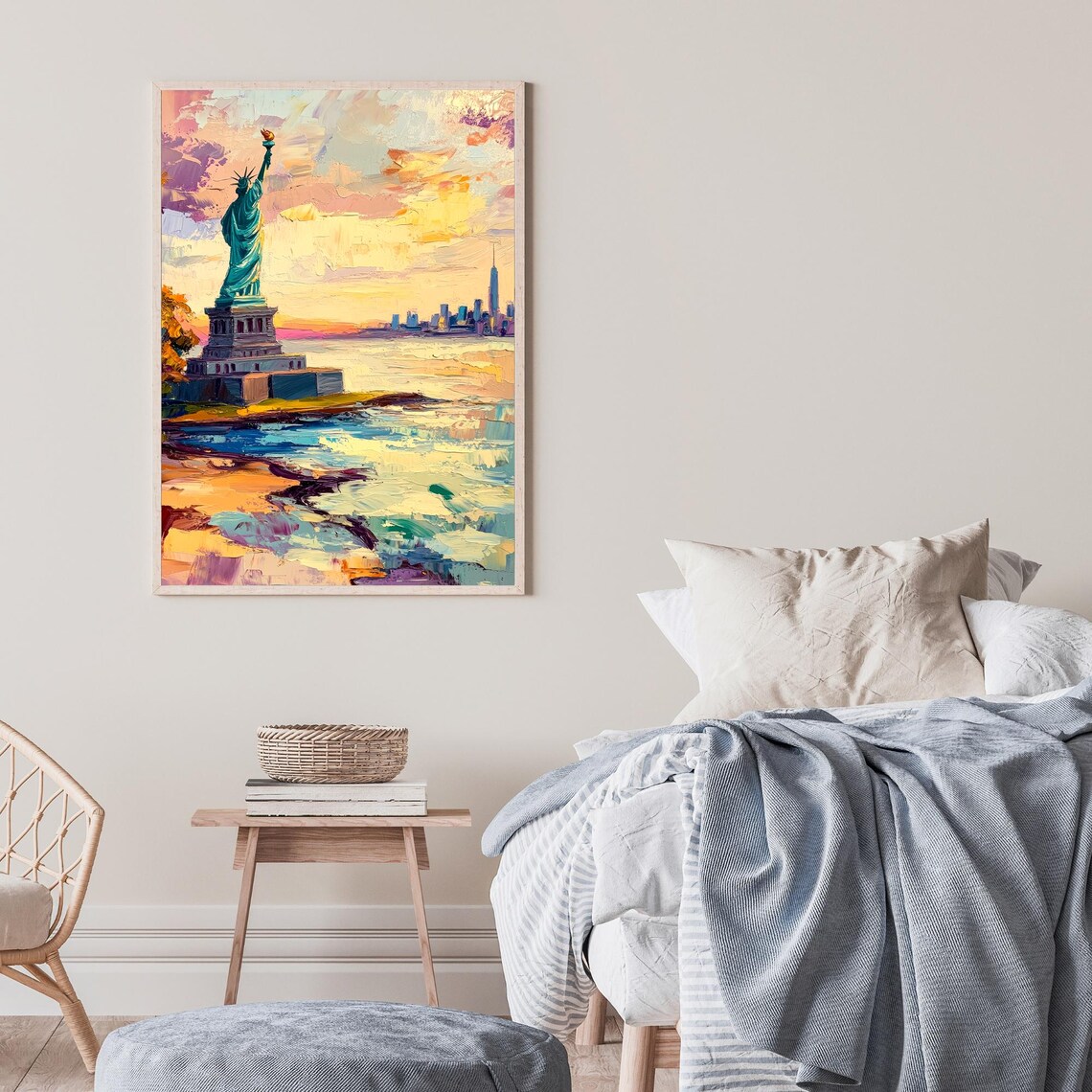 Statue Of Liberty New York Harbor Manhattan Skyline Sunset Painting Poster - Image 2