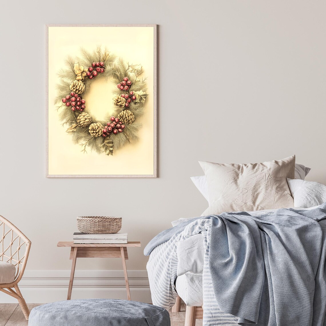 Vintage Christmas Wreath Pine Cones and Red Berries Art Poster - Image 3