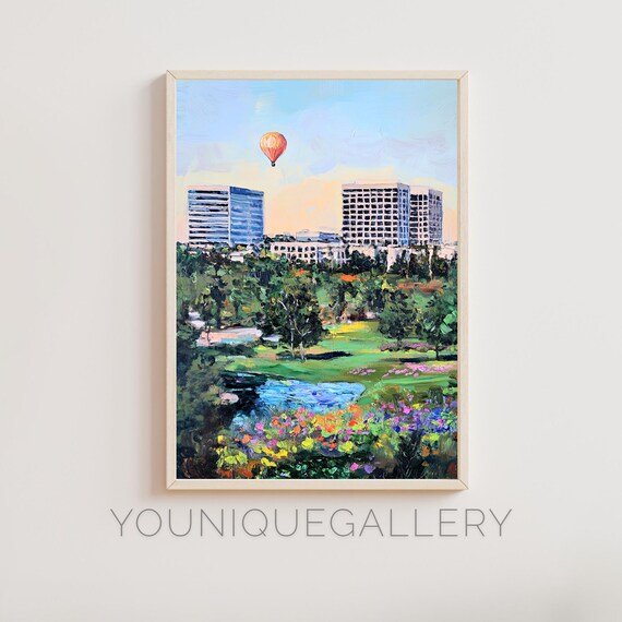 Hot Air Balloon City Park Skyline Whimsical Impressionist Oil Wall Art