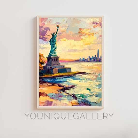 Statue Of Liberty New York Harbor Manhattan Skyline Sunset Painting Poster