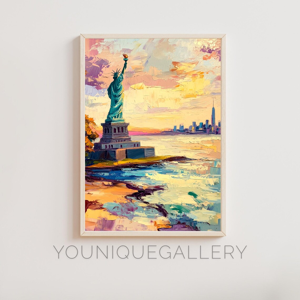 Statue Of Liberty New York Harbor Manhattan Skyline Sunset Painting Poster