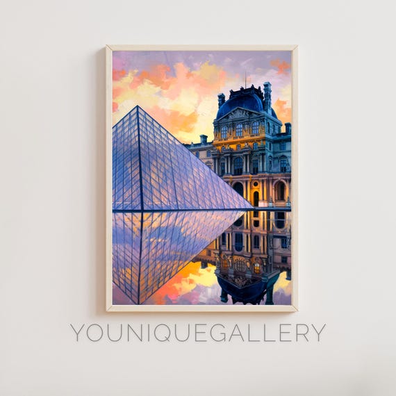Louvre Museum Paris Painting Wall Art French Landmark Poster Print Glass Pyramid Reflection Paris Decor