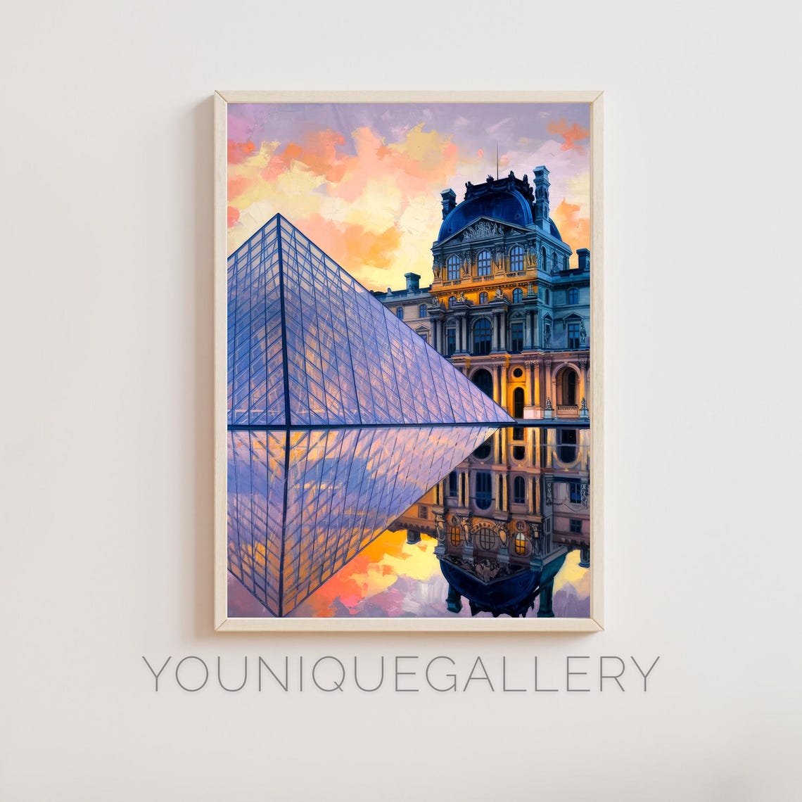 Louvre Museum Paris Glass Pyramid Sunset Reflection Painting Poster