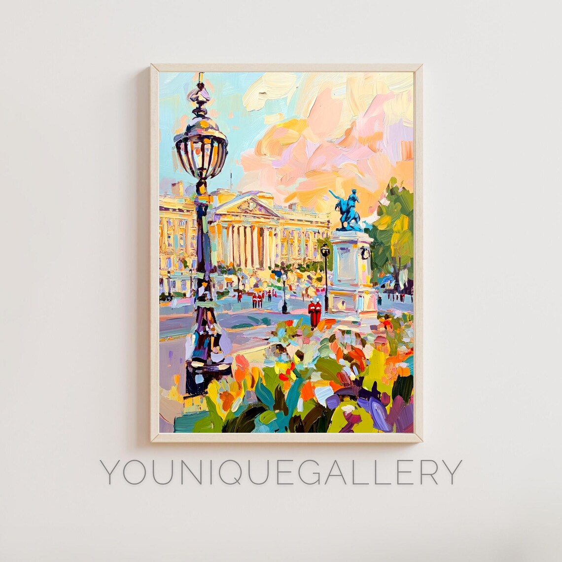 Buckingham Palace London Royal Guards Lamppost Flower Garden Painting Poster