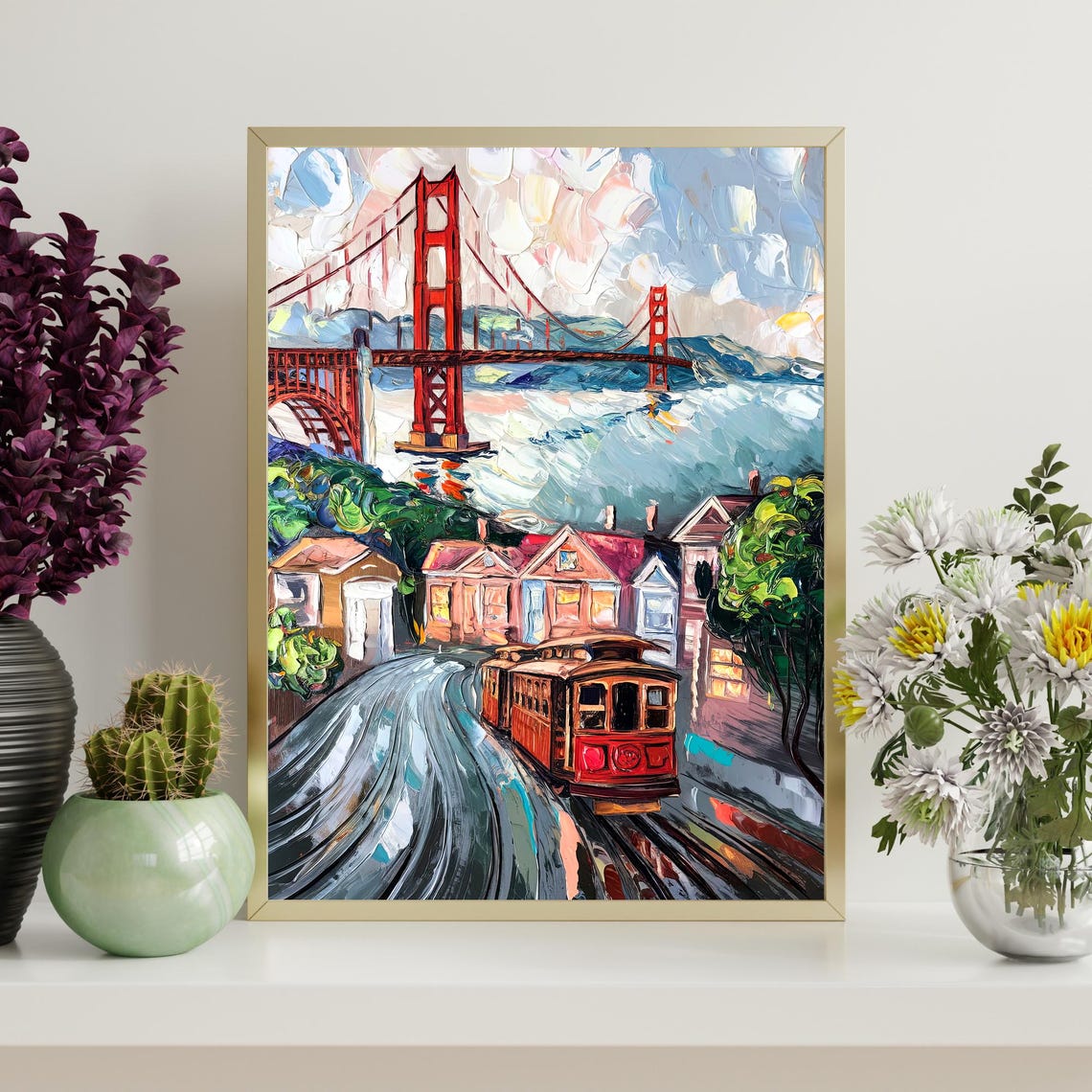Golden Gate Bridge Cable Car San Francisco Street Impasto Oil Poster - Image 4