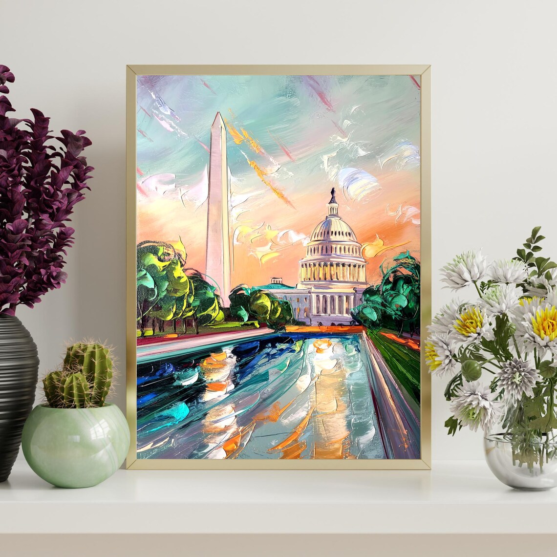 Washington DC Capitol Building Monument Sunset Oil Painting Poster - Image 4