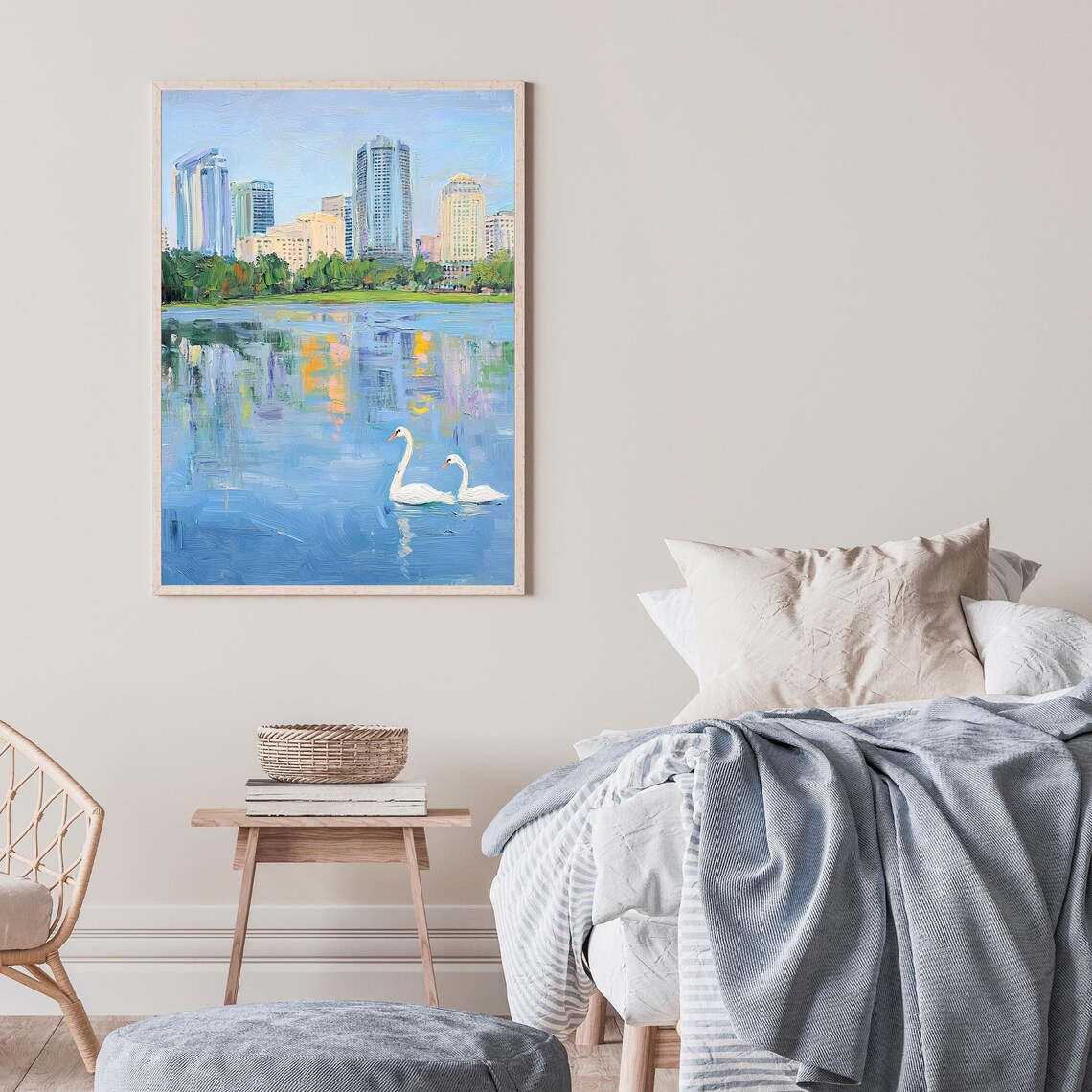 Orlando FL Swan Scene Art Print, City Skyline Reflection - Image 2