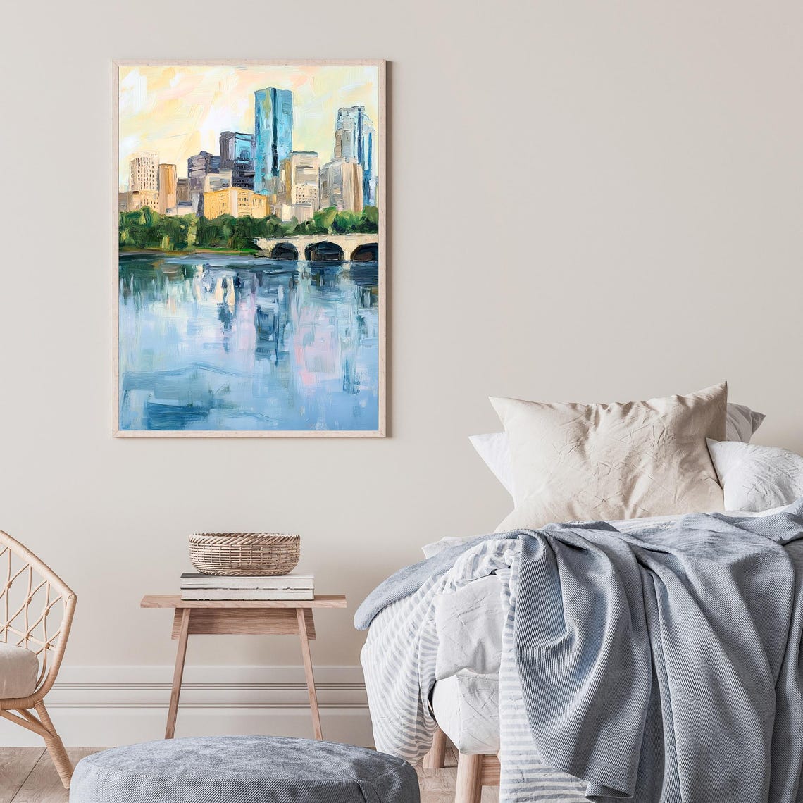 Minneapolis Minnesota Skyline Reflection Bridge Oil Painting Poster - Image 2