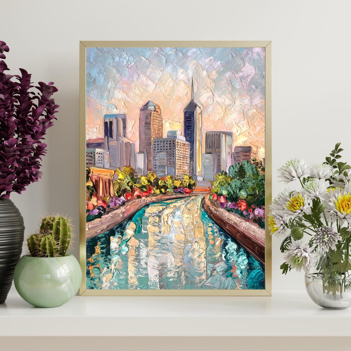 Indianapolis Canal Skyline Sunset Reflection Oil Painting Poster - Image 4