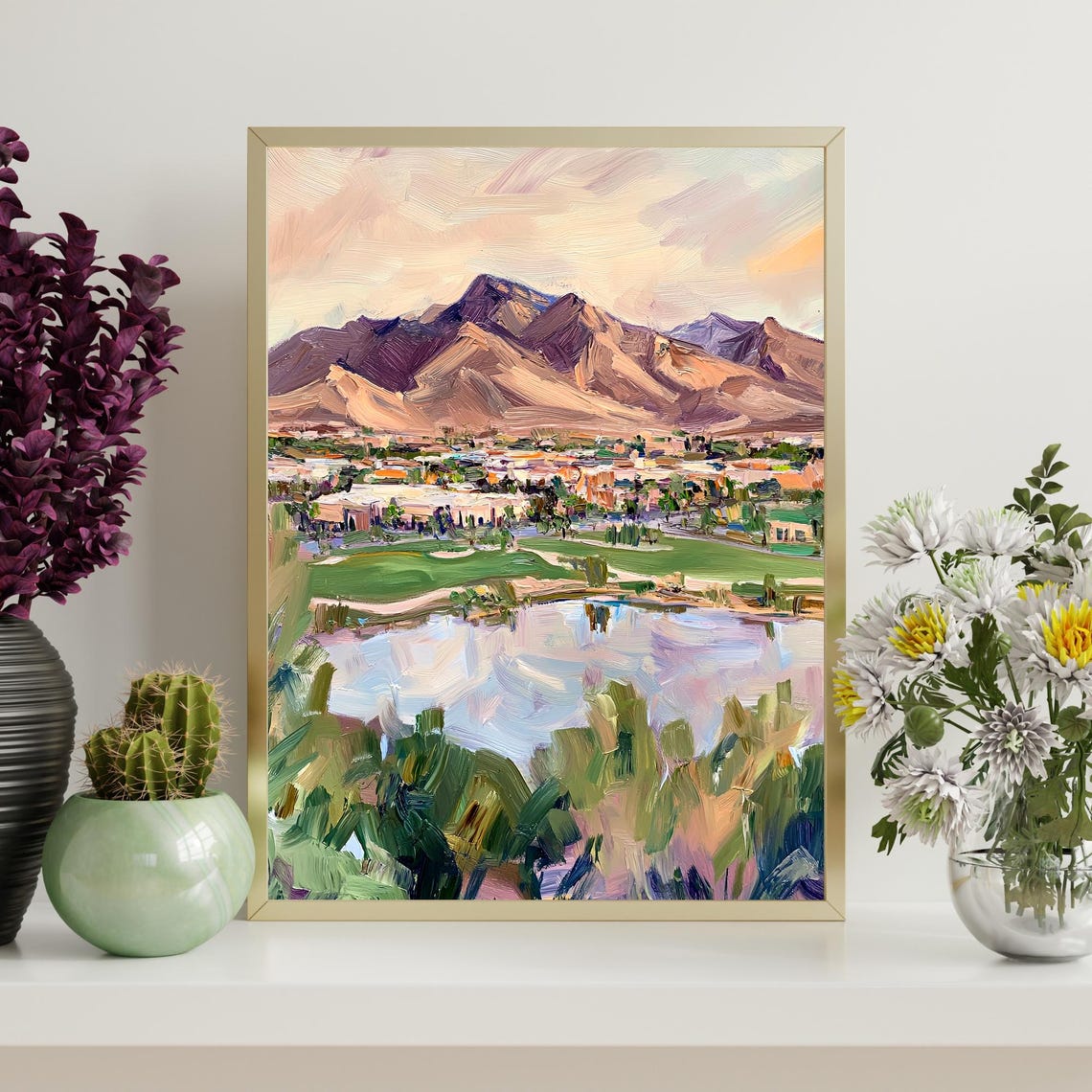 Desert Mountain Golf Course Lake Scenic Impressionist Oil Wall Art - Image 4
