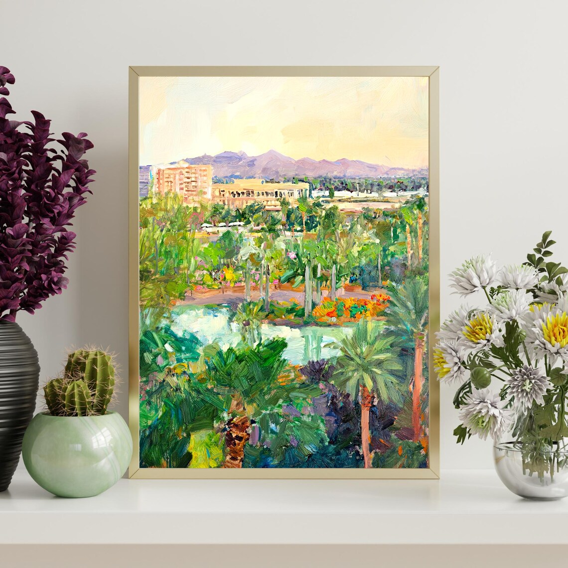 Desert City Palm Trees Lake Mountain Oasis Impressionist Oil Wall Art - Image 4