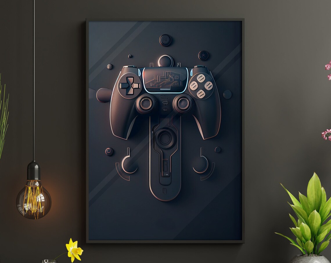 Dark 3D Game Controller Minimalist Flat Lay Modern Gaming Art Poster