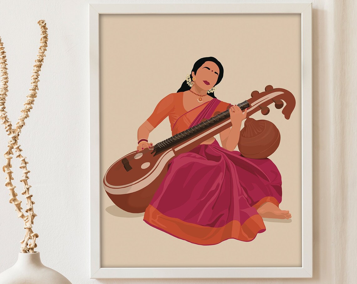 Veena Art, Indian Woman Musician, South Asian Art Print