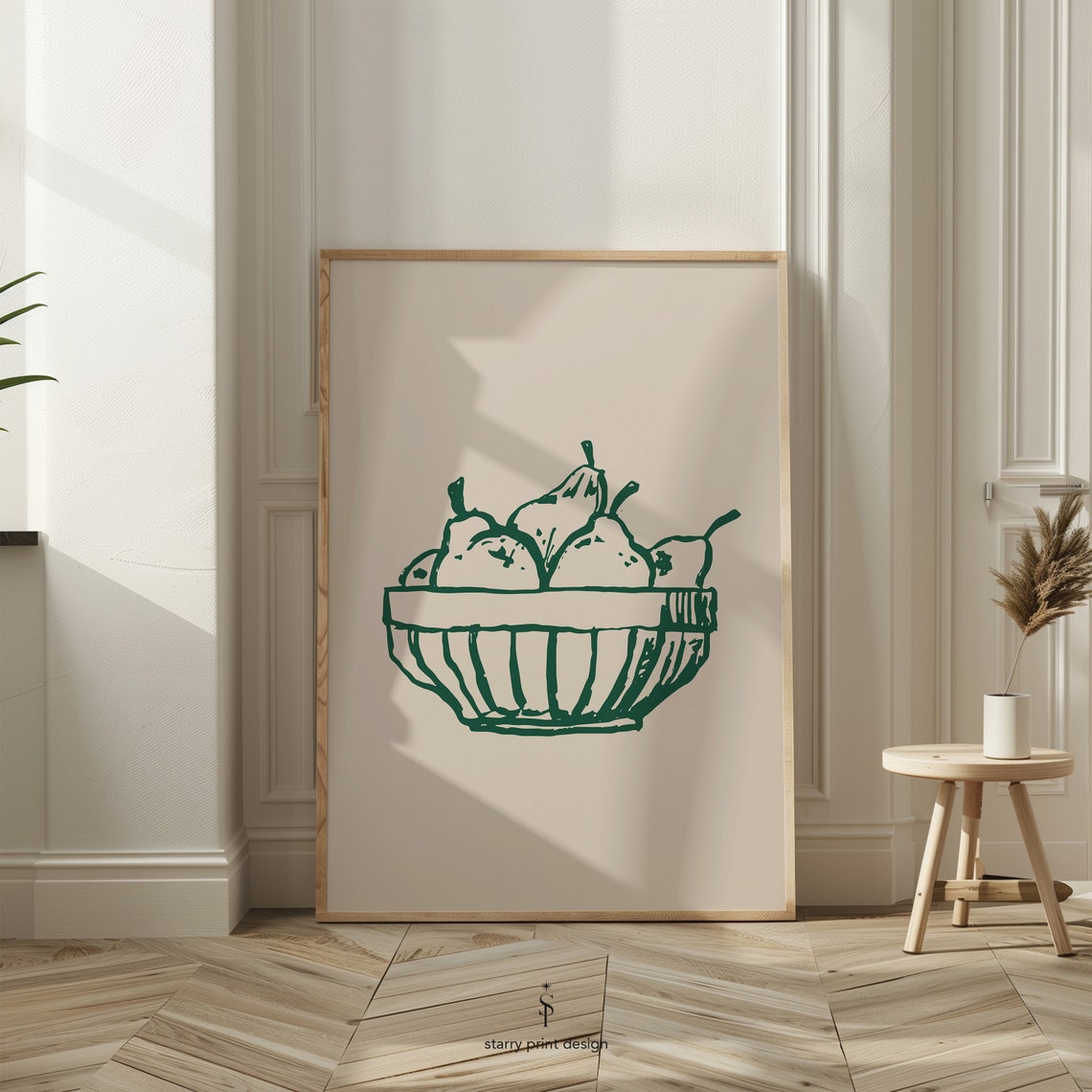 Green Line Art Pears In Bowl Modern Minimalist Kitchen Poster