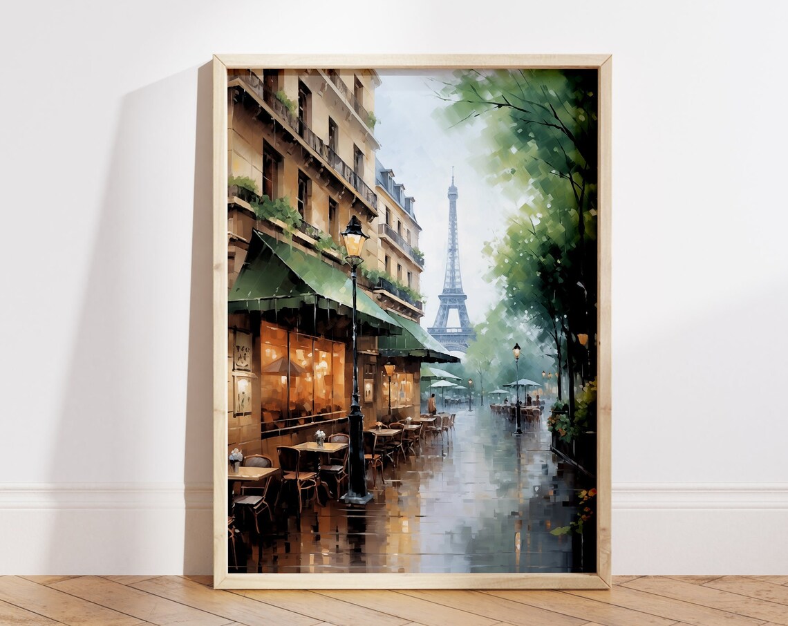 Paris Rainy Street Watercolor Cafe Eiffel Tower View Art Poster