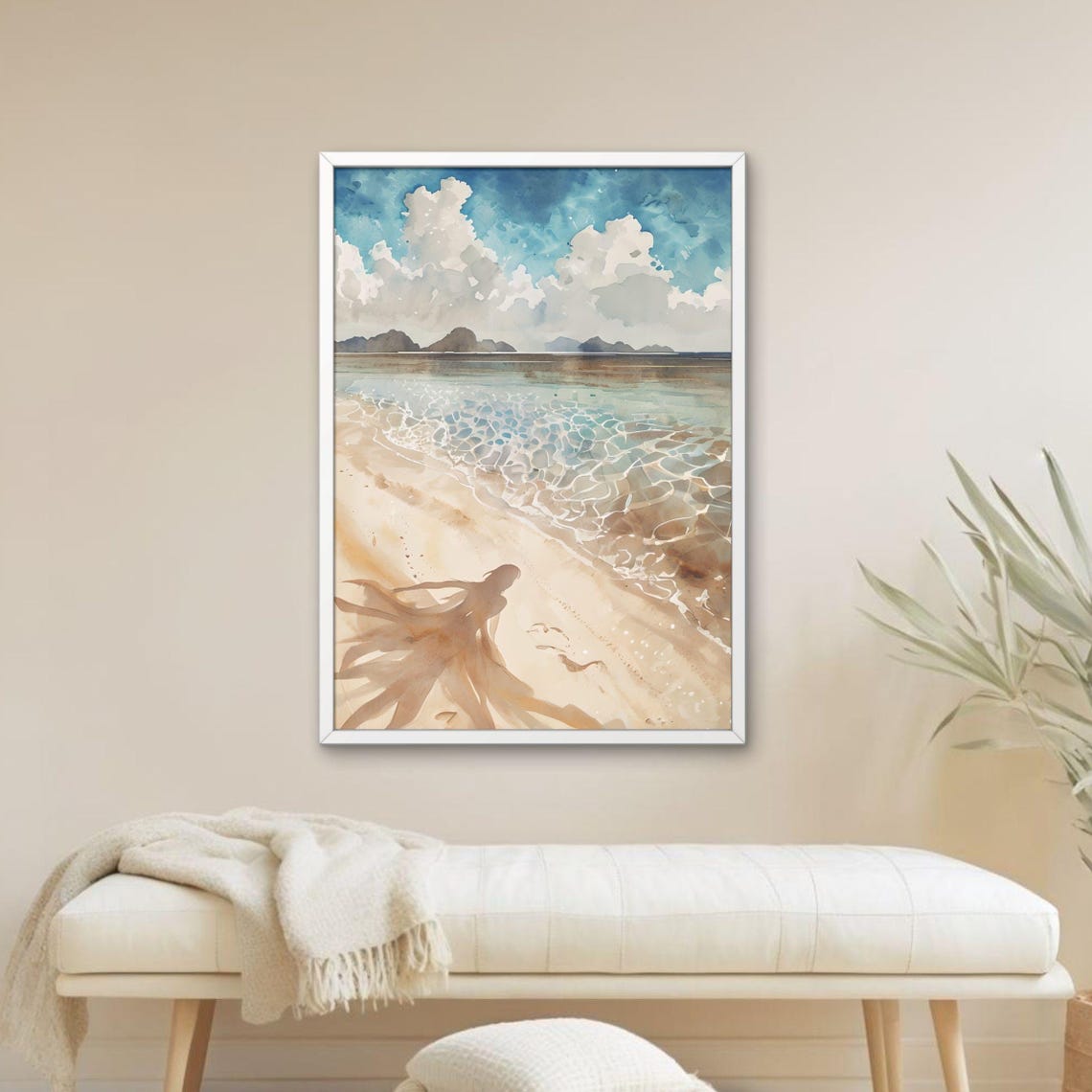 Tropical Beach Watercolor Shoreline Waves Island Hills Wall Poster